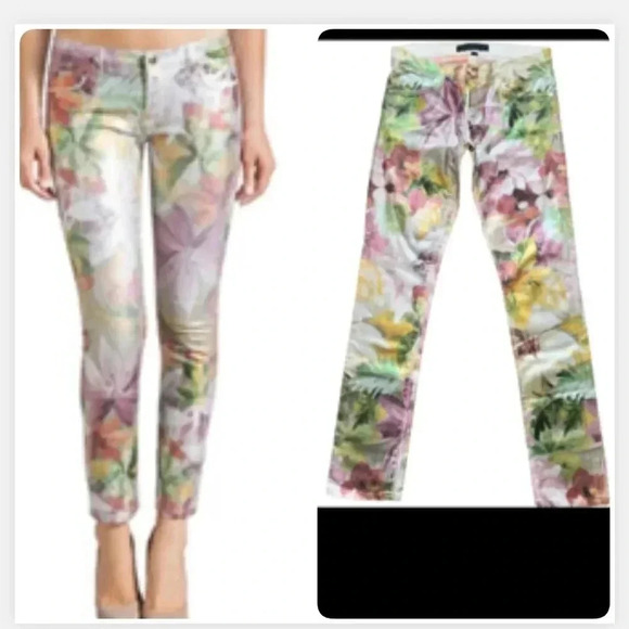 JUICY COUTURE DENIM JEANS  TROPICAL FLORAL ANKLE CROP  FOIL WHITE & PINK SIZE XS - Picture 1 of 13
